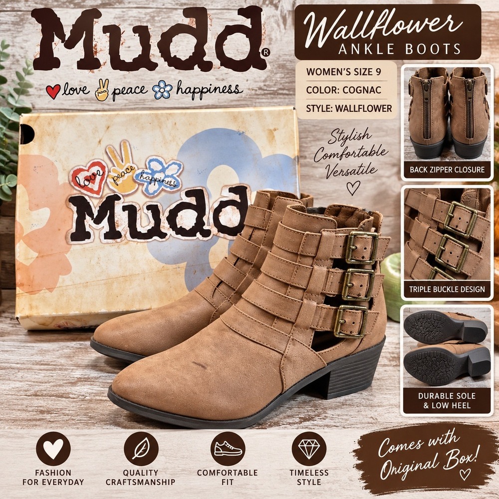 Mudd Wallflower Cognac Brown Triple Buckle Ankle Boots Women Size 9 Low Heel